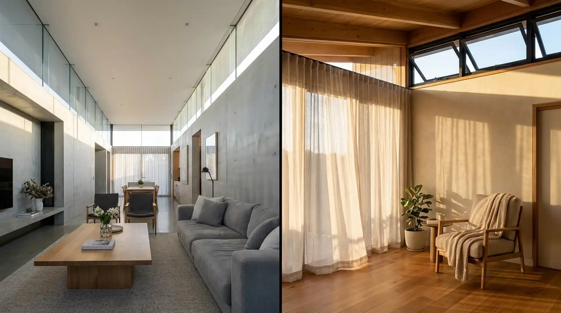 Modern interiors comparing fixed and operable clerestory windows with natural light and airflow benefits.