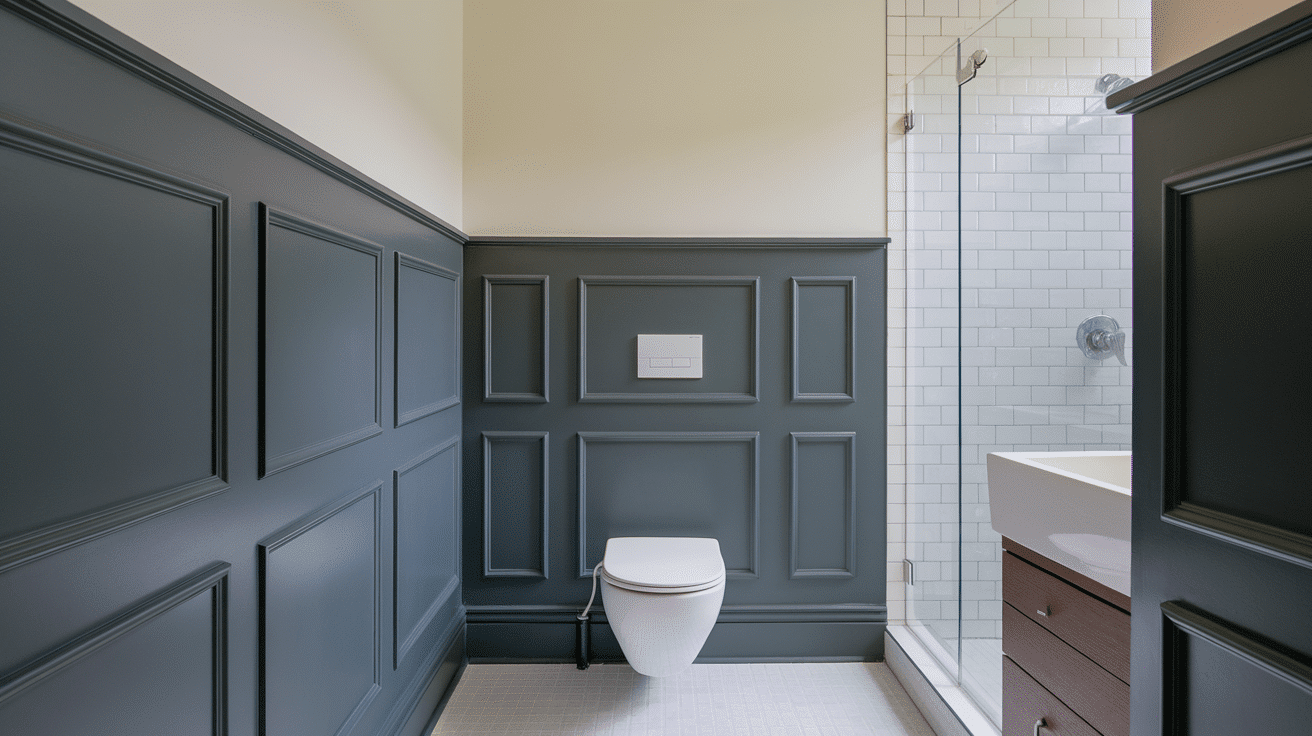 A modern bathroom featuring dark gray flat panel wainscoting, a white toilet, and a glass-enclosed subway tile shower.