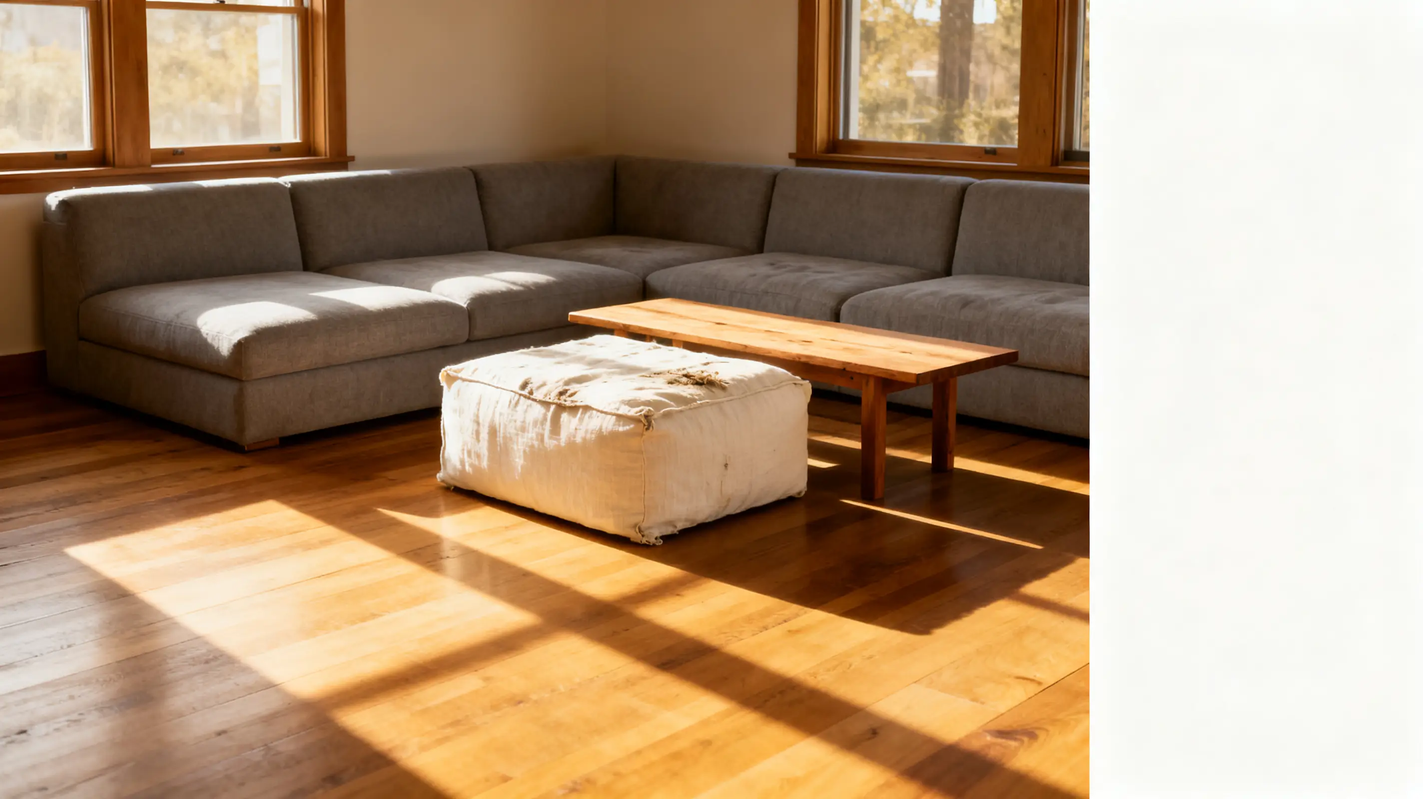 Gray sectional sofa in sunlit living room with wooden floors and rustic coffee table