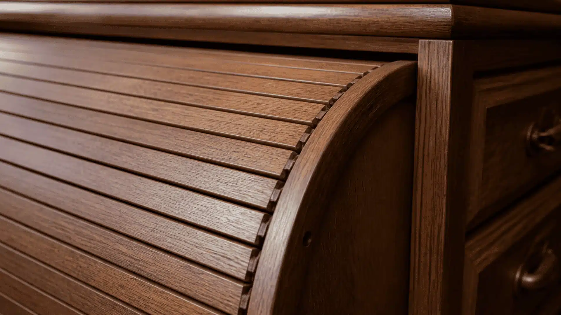 Flexible wooden tambour slats curved along a roll-top track