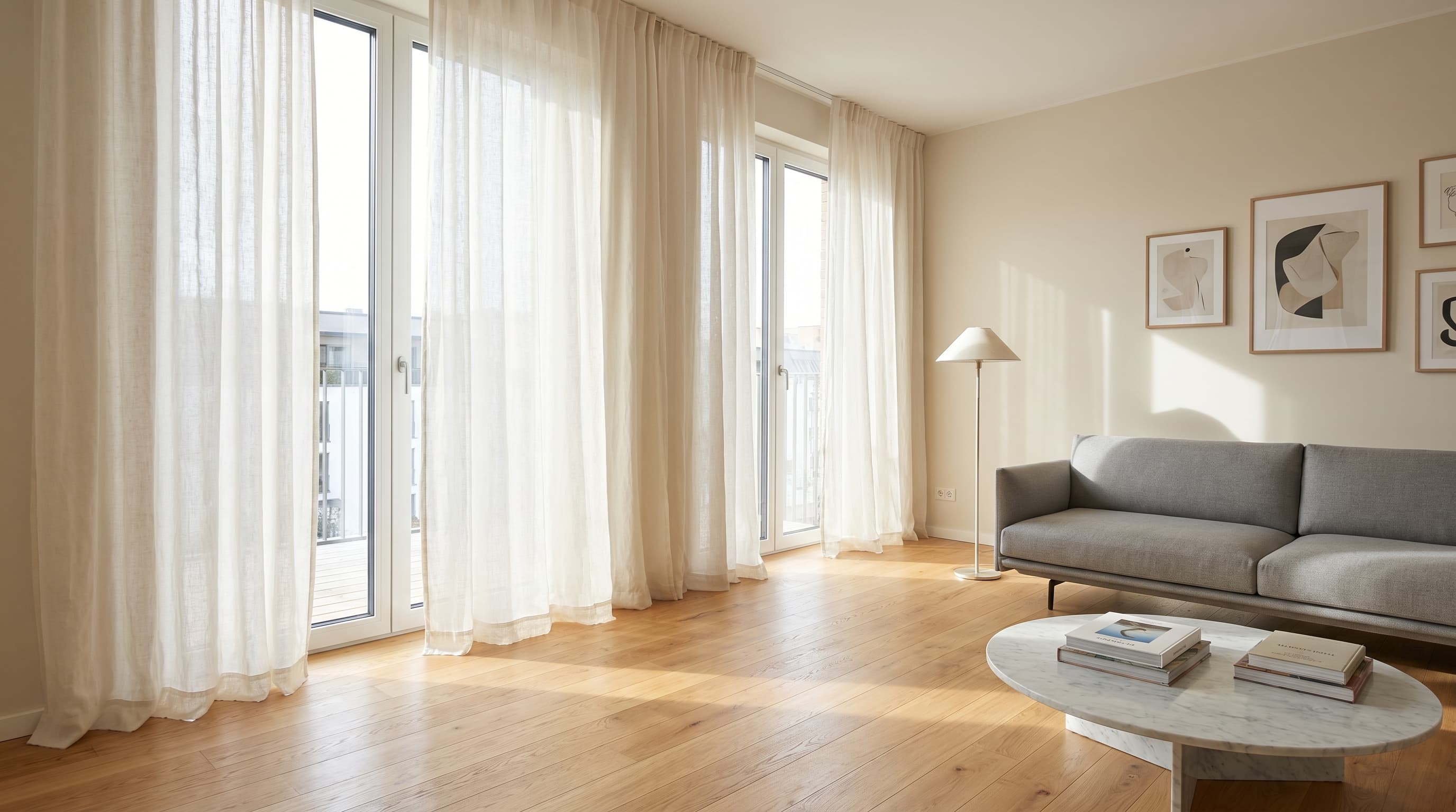 Float-length linen curtains hanging slightly above hardwood floors in a modern living room with large windows.