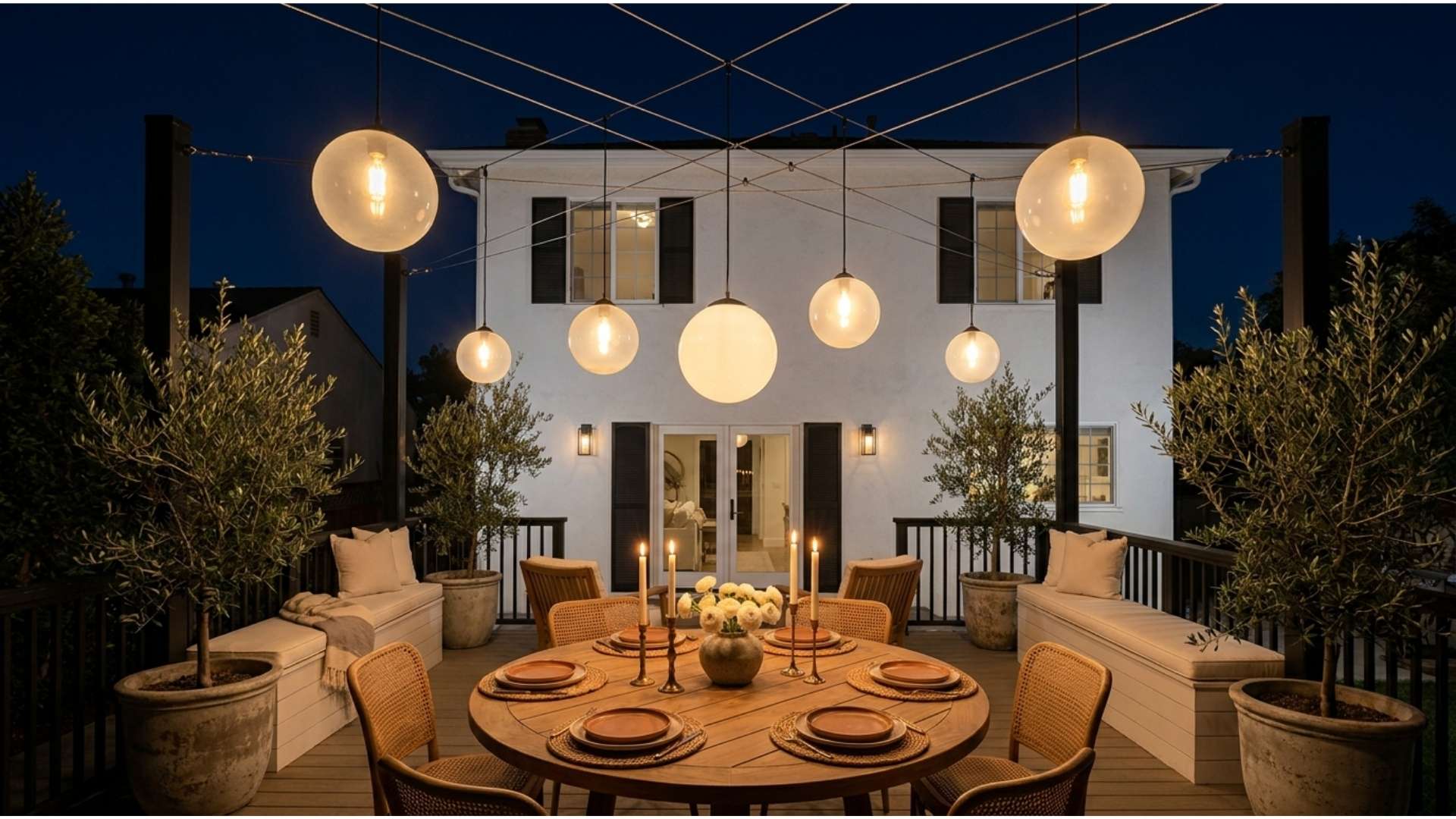 Open-air deck at night with seven large glowing globe pendant lights hanging at varied heights from stainless tension wires