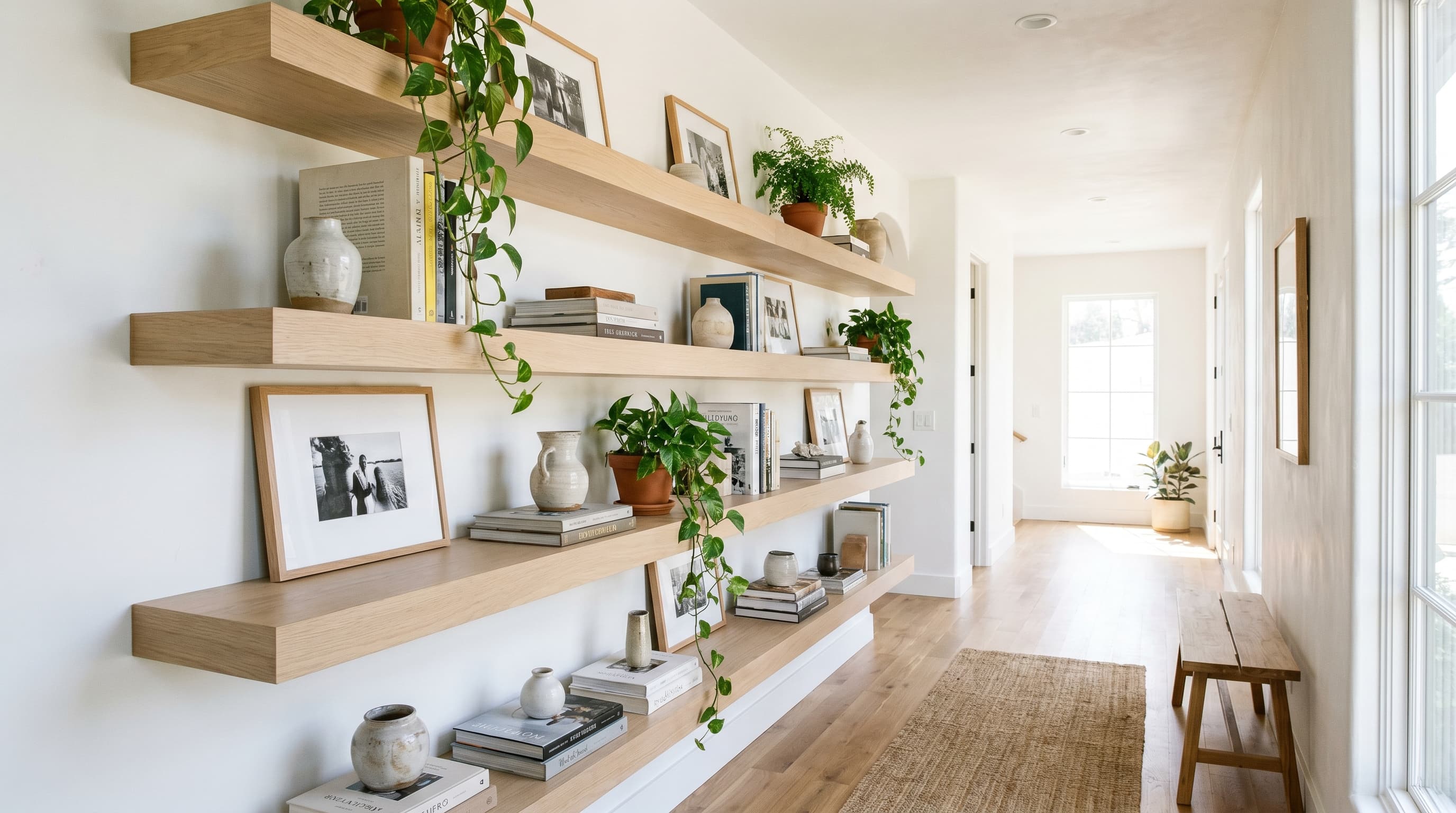 Creative hallway decor ideas using floating wood shelves styled with books, framed photos, ceramic accents, and trailing plants.