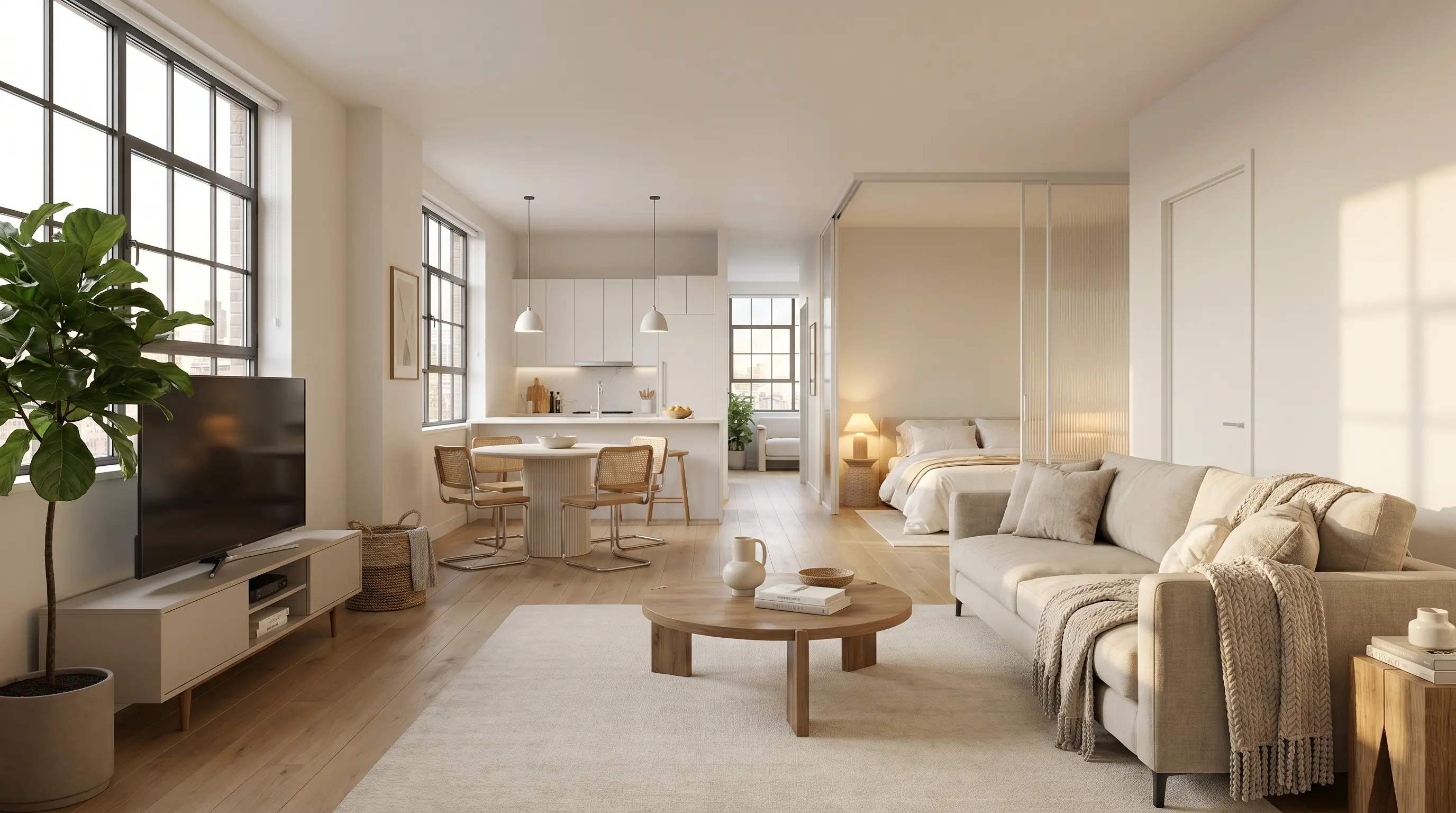 Long, deep floor-through apartment with windows on both ends, showing a continuous flow from living room to bedroom in a bright, modern layout.