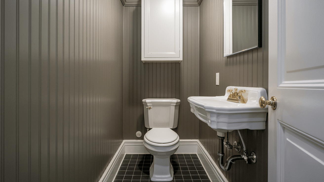 A cozy powder room with continuous floor-to-ceiling vertical tongue-and-groove paneling on all walls.