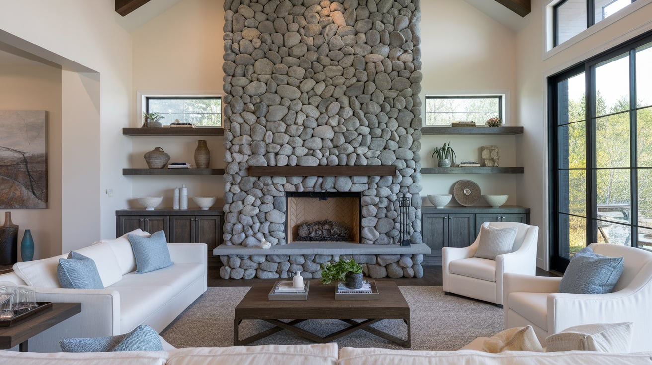 Bright living room featuring a massive floor-to-ceiling river rock fireplace flanked by built-in shelves.