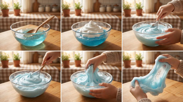 Step-by-step slime making process showing fluffy cloud slime being made and folded in a glass bowl in a cozy home kitchen
