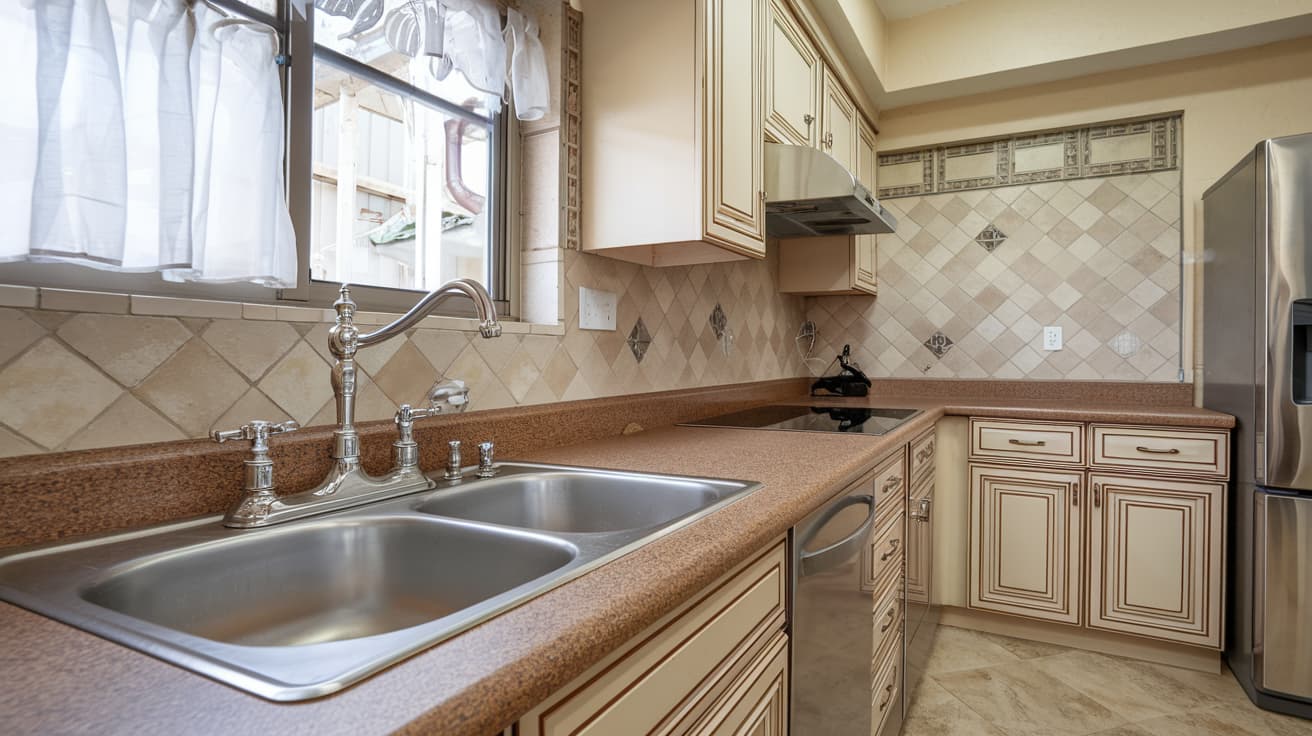 A kitchen counter featuring a stainless steel double sink, patterned tile backsplash, and light wood cabinetry next to a window.