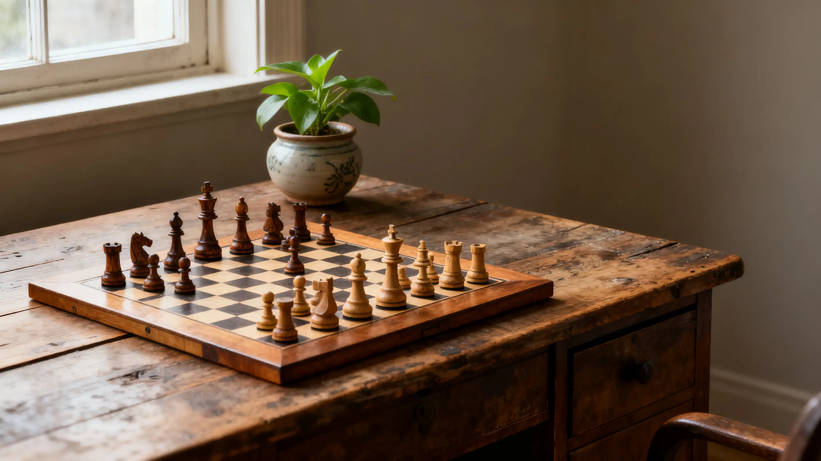 Chessboard set with pieces on rustic wooden table beside potted plant in a softly lit room