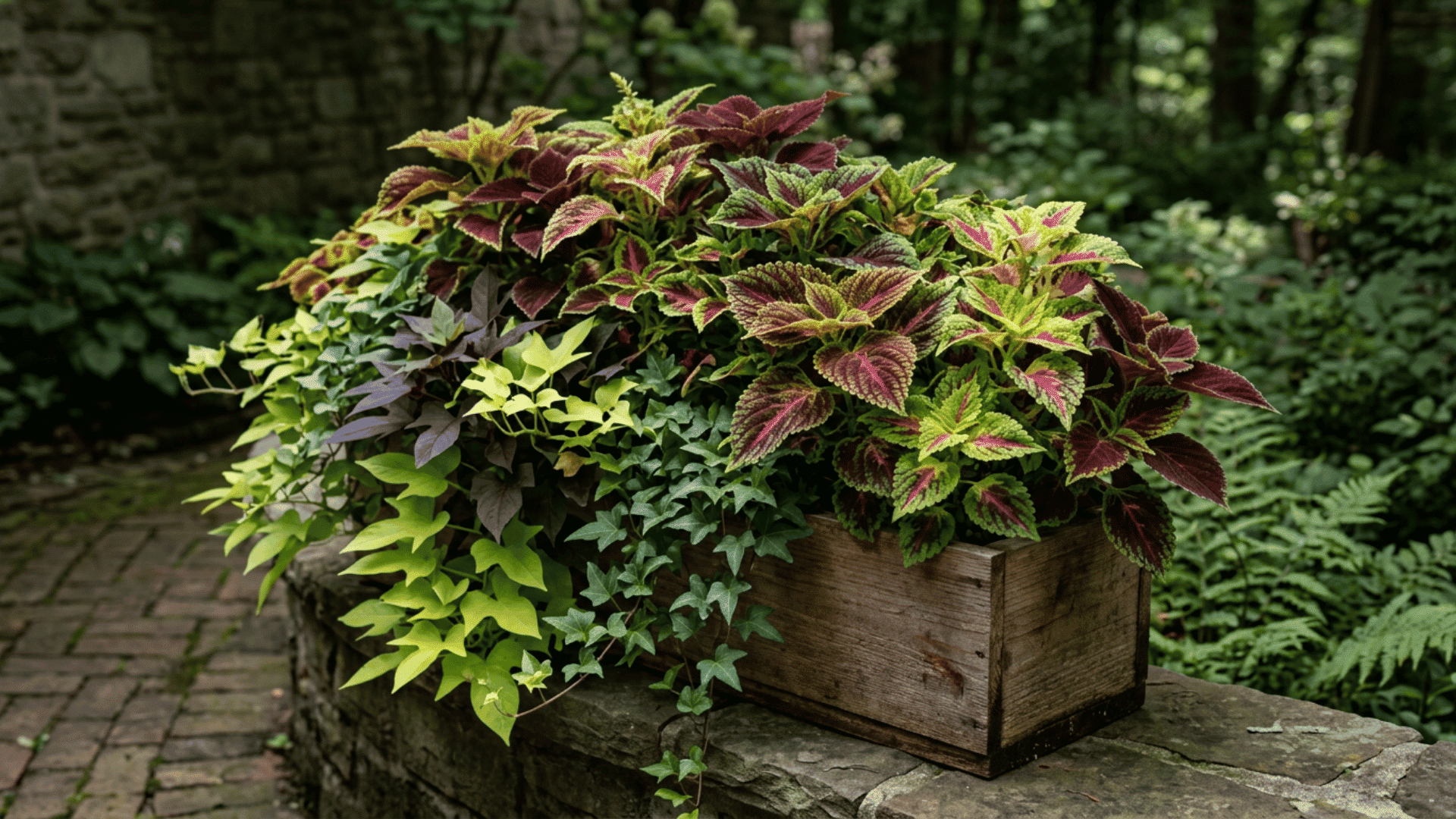 Foliage-focused wooden flower box on a stone ledge, filled with green, purple, and variegated leafy plants.