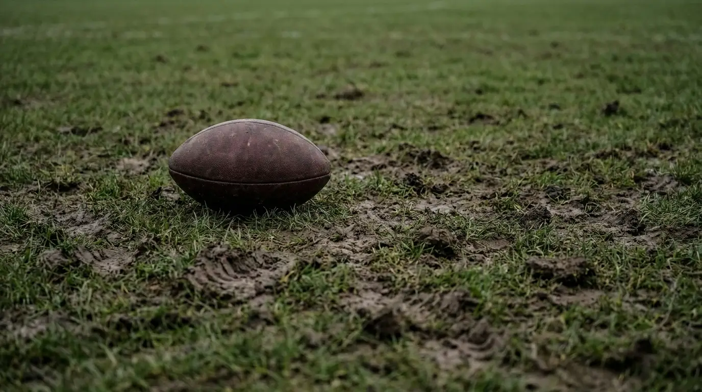 Rugby ball on muddy grass field under overcast sky