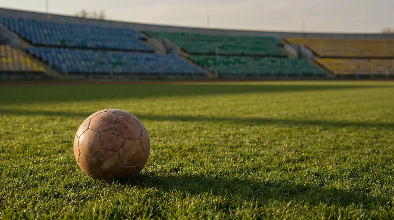 Soccer ball on grassy field in empty stadium with colorful seats
