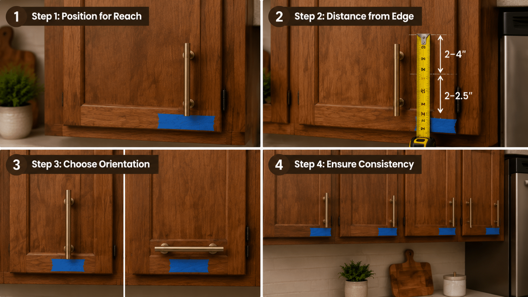 Four-step collage showing wooden upper cabinet doors with steps for pull placement, tape markings, and measuring tools.