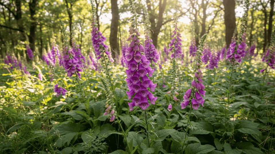 A tall, dramatic spike of tubular, bell-shaped deep purple-violet foxglove flowers with speckled throats.