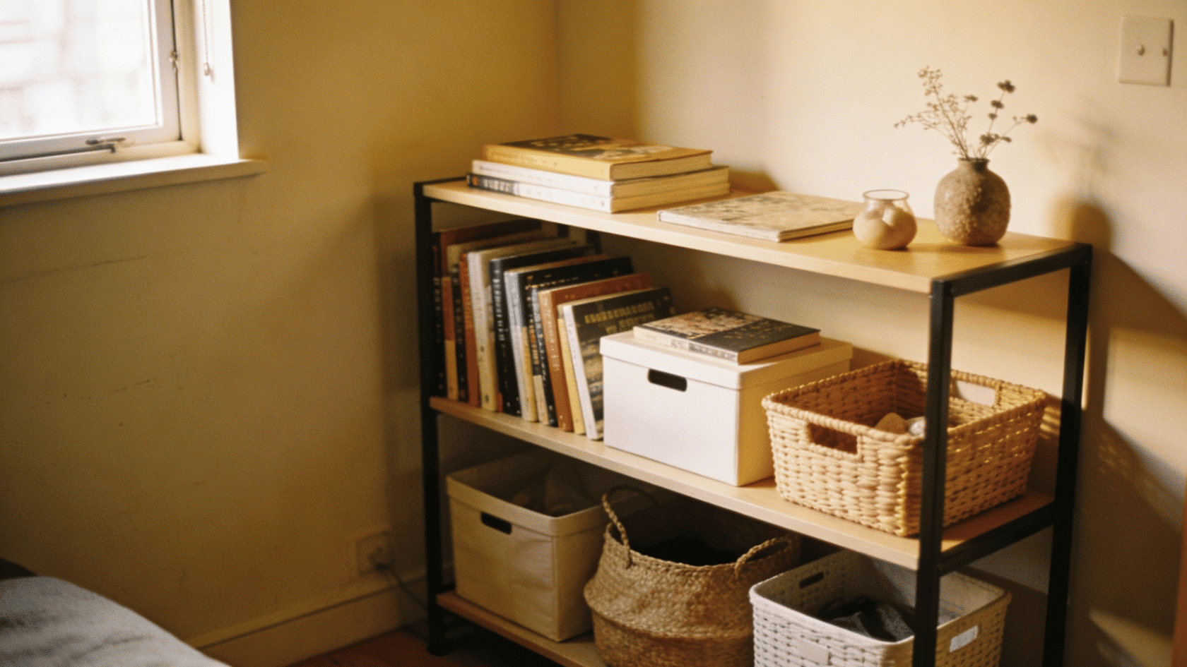 Freestanding shelf with books and baskets