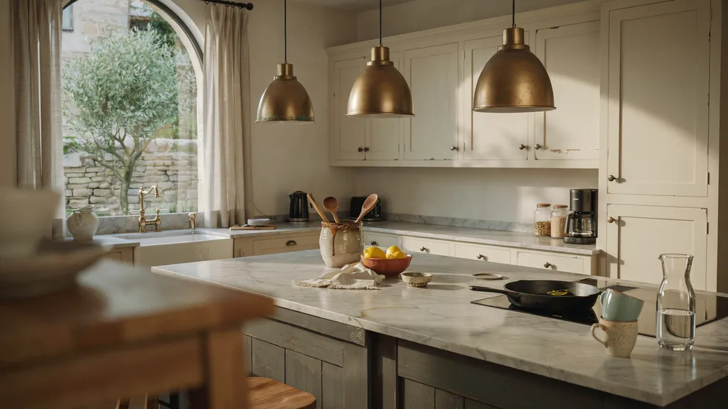 French country kitchen featuring brass pendant lighting above a kitchen island with warm natural tones.