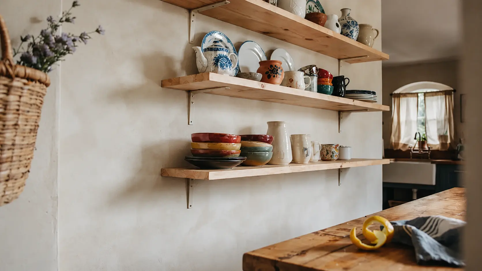 French country kitchen featuring vintage ceramics, pitchers, and crocks displayed on open shelves in rustic style.