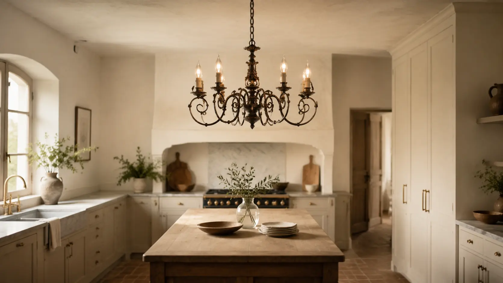 French country kitchen with wrought iron chandelier hanging over a kitchen island in warm elegant lighting.