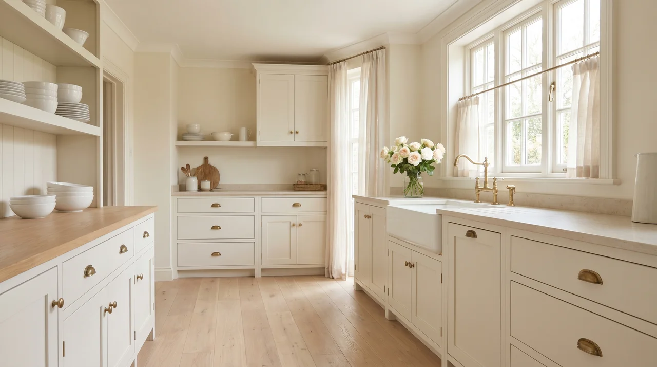 French country kitchen with cream and white cabinets, warm neutral tones, and soft natural light creating a calm and spacious interior.