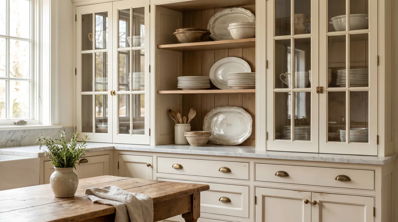 French country kitchen with glass-front cabinets displaying white ceramics, vintage bowls, and neatly arranged kitchenware.