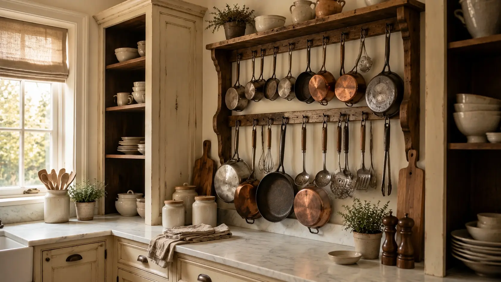 French country kitchen with hanging copper cookware displayed above marble countertop as functional decor.