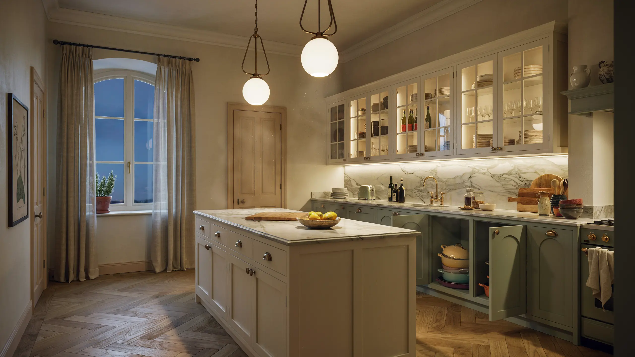 French country kitchen showing layered lighting with warm ambient, task, and accent lights creating cozy atmosphere.
