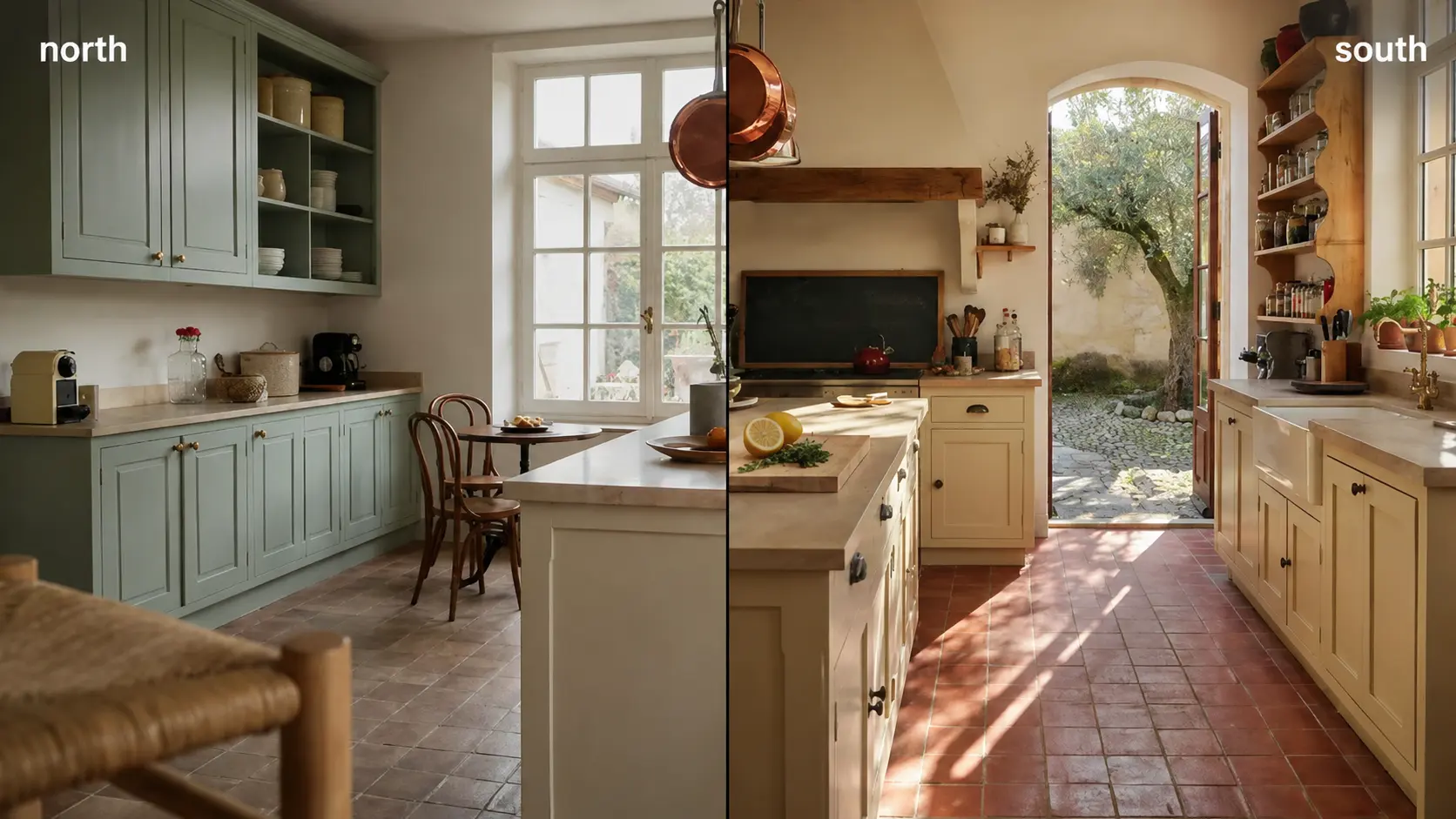 Comparison of French country kitchen colors under different natural lighting, showing how warm and cool tones change appearance.