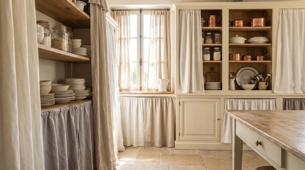 French country kitchen with linen shelf covers adding soft texture, warmth, and rustic elegant styling.