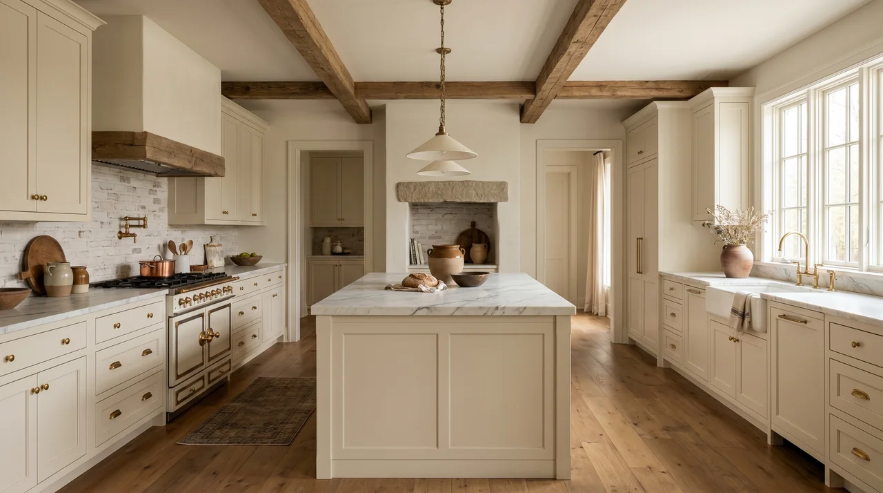 French country kitchen demonstrating balanced use of wood, marble, and stone materials without visual clutter.