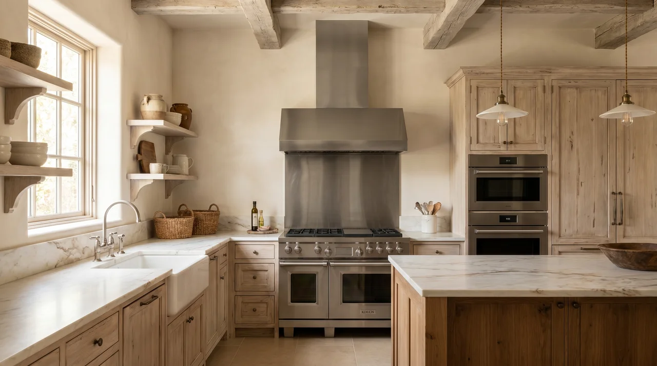 French country kitchen combining modern stainless steel appliances with rustic wood cabinets and warm tones.