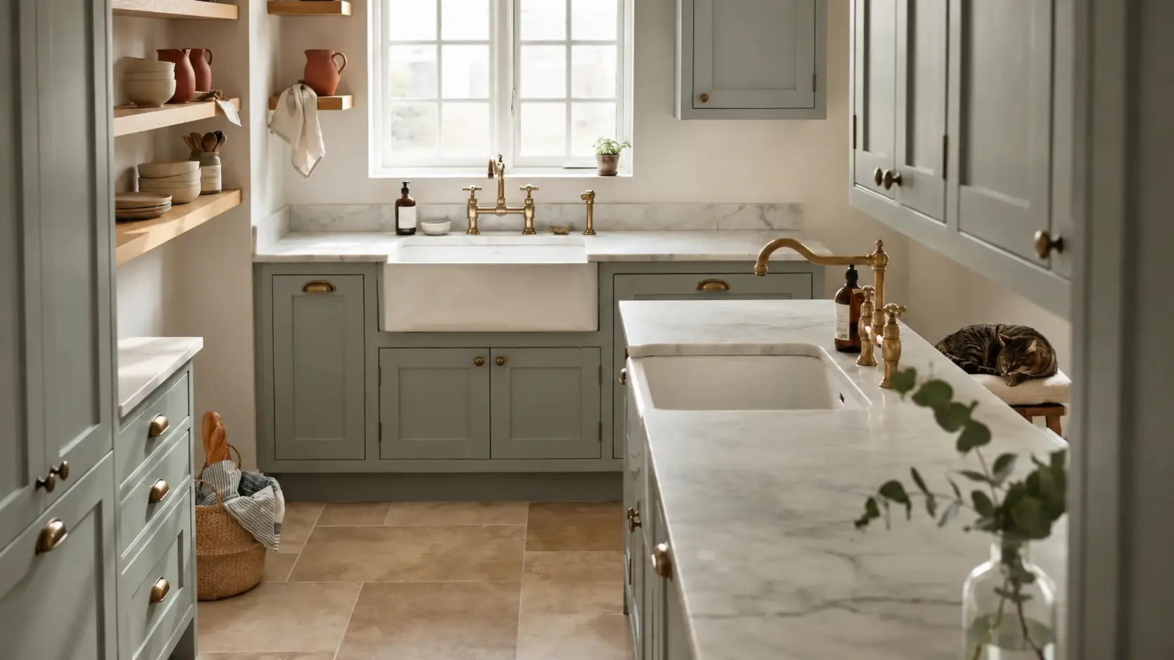 French country kitchen featuring painted shaker cabinets, brass hardware, and marble countertops with soft natural lighting.