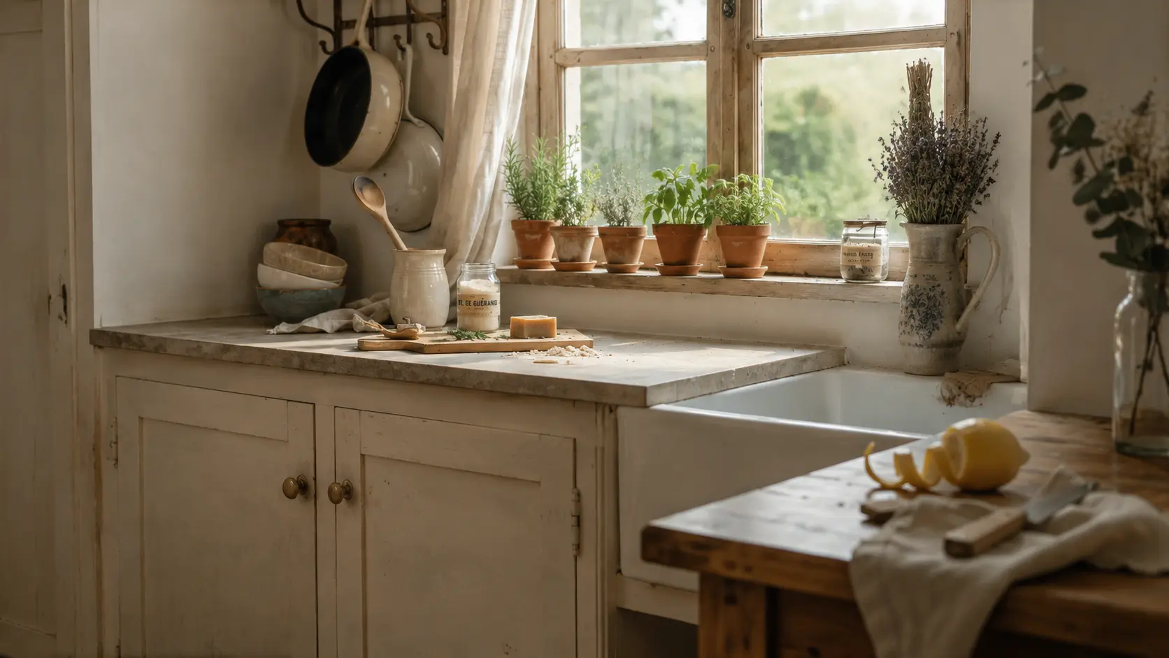 French country kitchen windowsill with fresh herb pots including rosemary and thyme in natural sunlight.