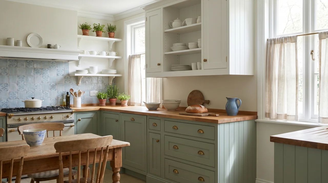 French country kitchen with sage green cabinets, muted blue accents, and white upper cabinets in a soft layered countryside color palette.