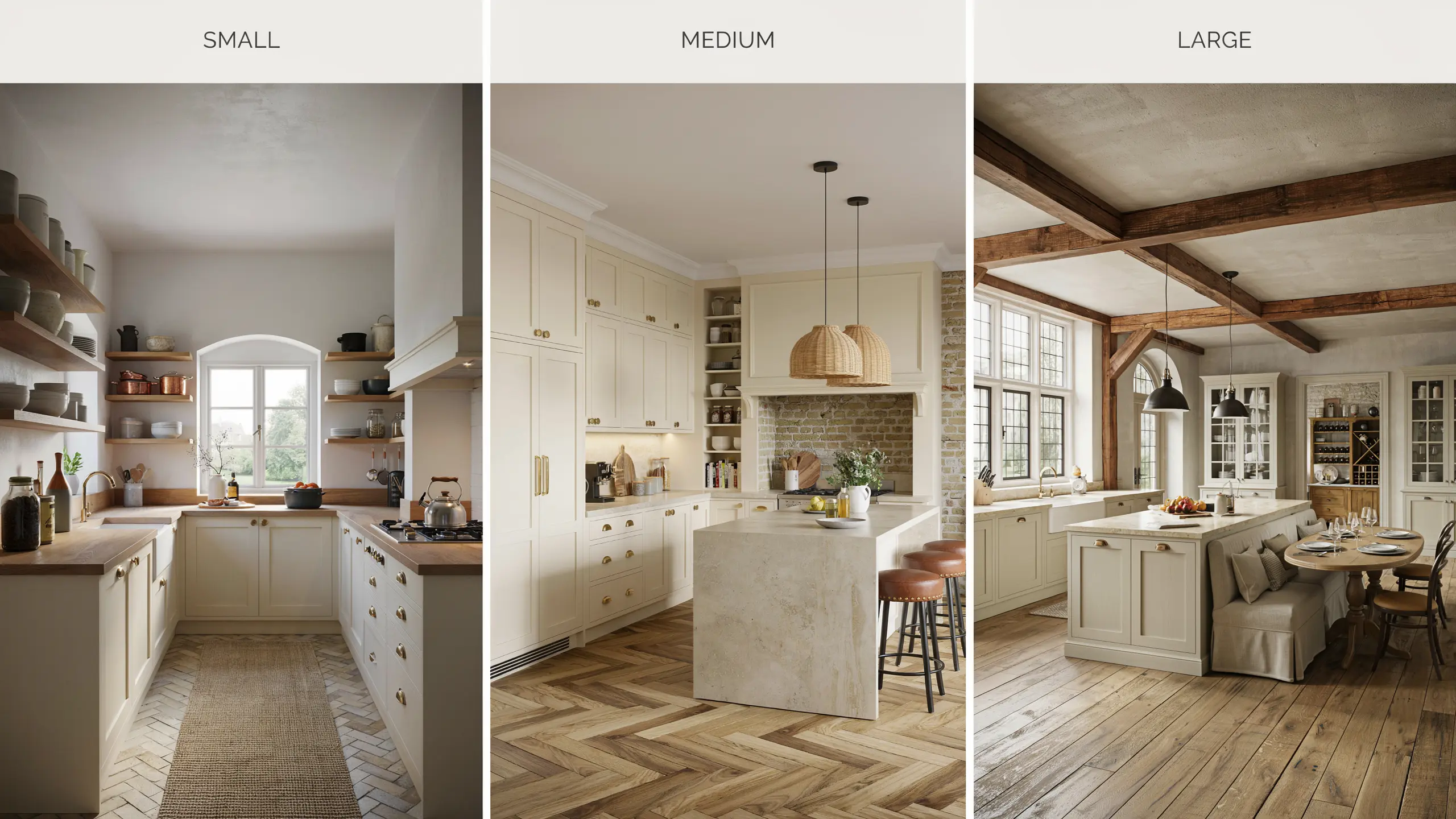 Three French country kitchen layouts showing small apartment, medium island kitchen, and large luxury kitchen design variations.