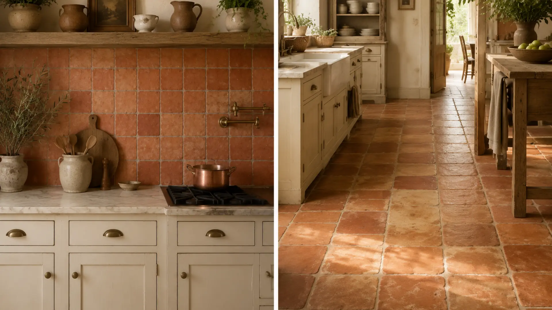 Collage of a French country kitchen with terracotta floor tiles and backsplash creating a warm, earthy, sunlit rustic interior.