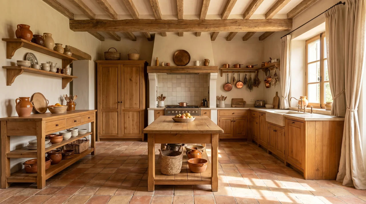 French country kitchen with terracotta flooring, clay tones, and warm wood accents creating a rustic sun-washed atmosphere.
