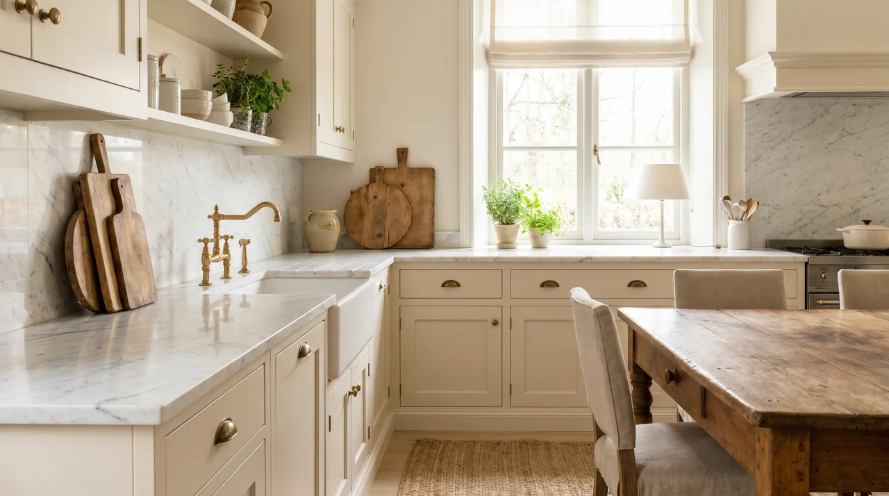 Bright French country kitchen with white marble countertops, soft grey veining, and warm cream cabinetry in elegant design.