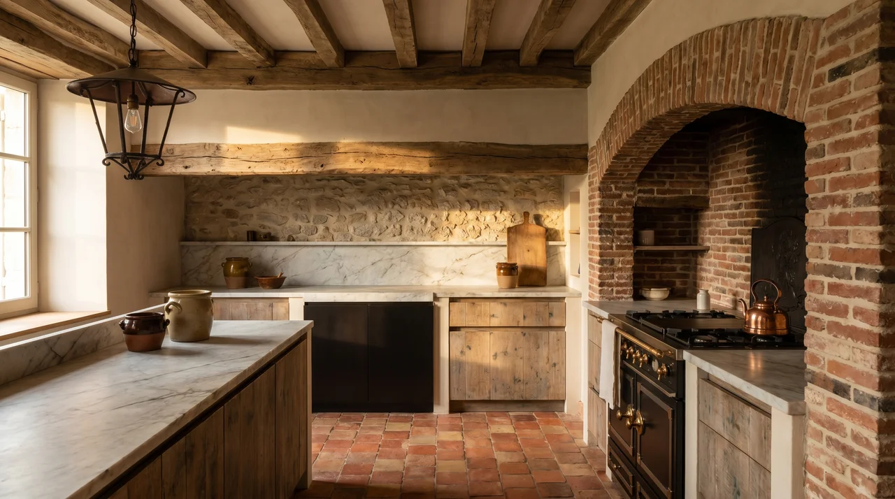 French country kitchen showcasing wood beams, stone walls, marble countertops, and terracotta flooring in a balanced material design.
