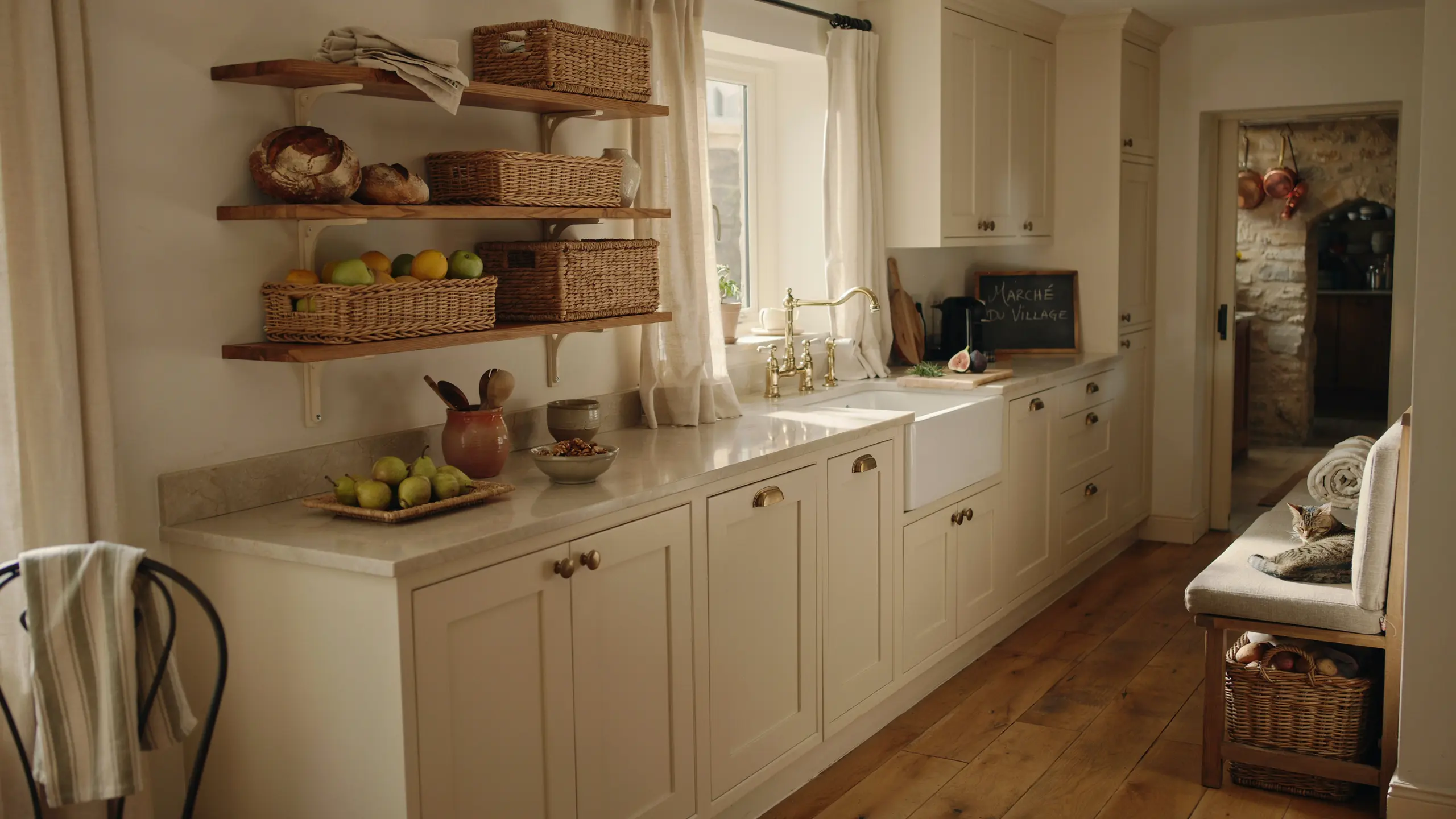 French country kitchen with woven baskets used for storage, adding warm rustic texture and natural charm.