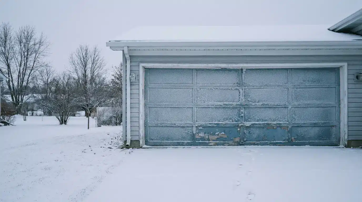 Frost-covered blue garage door in snowy residential neighborhood with bare trees