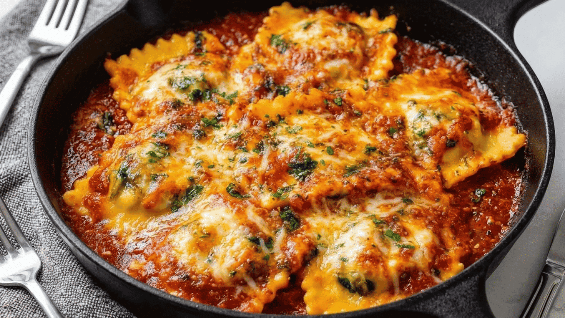Cheesy baked ravioli layered with rich tomato sauce, melted mozzarella, and fresh herbs.
