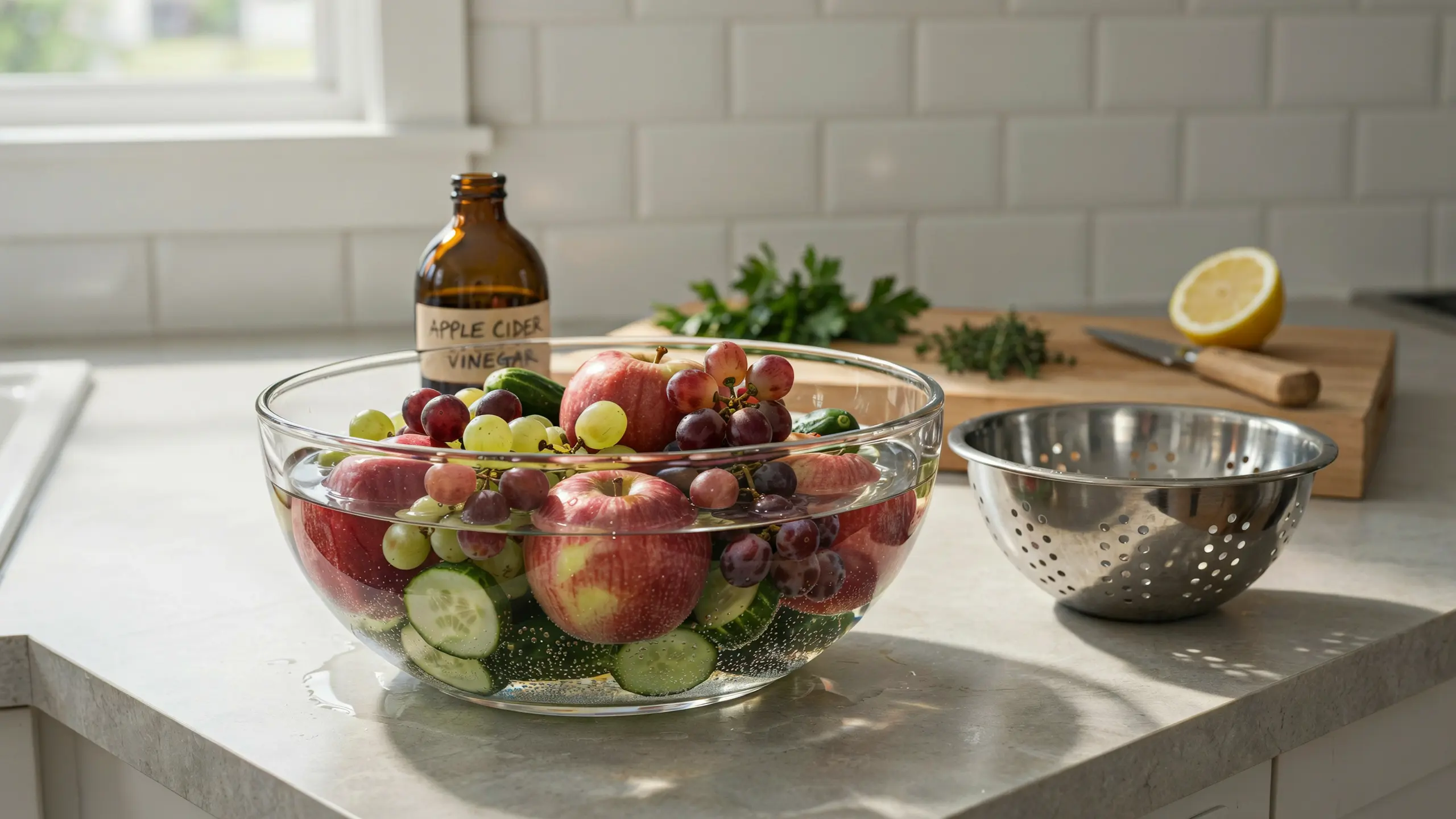 Fresh fruits soaking in vinegar-water solution to remove surface residues before rinsing.