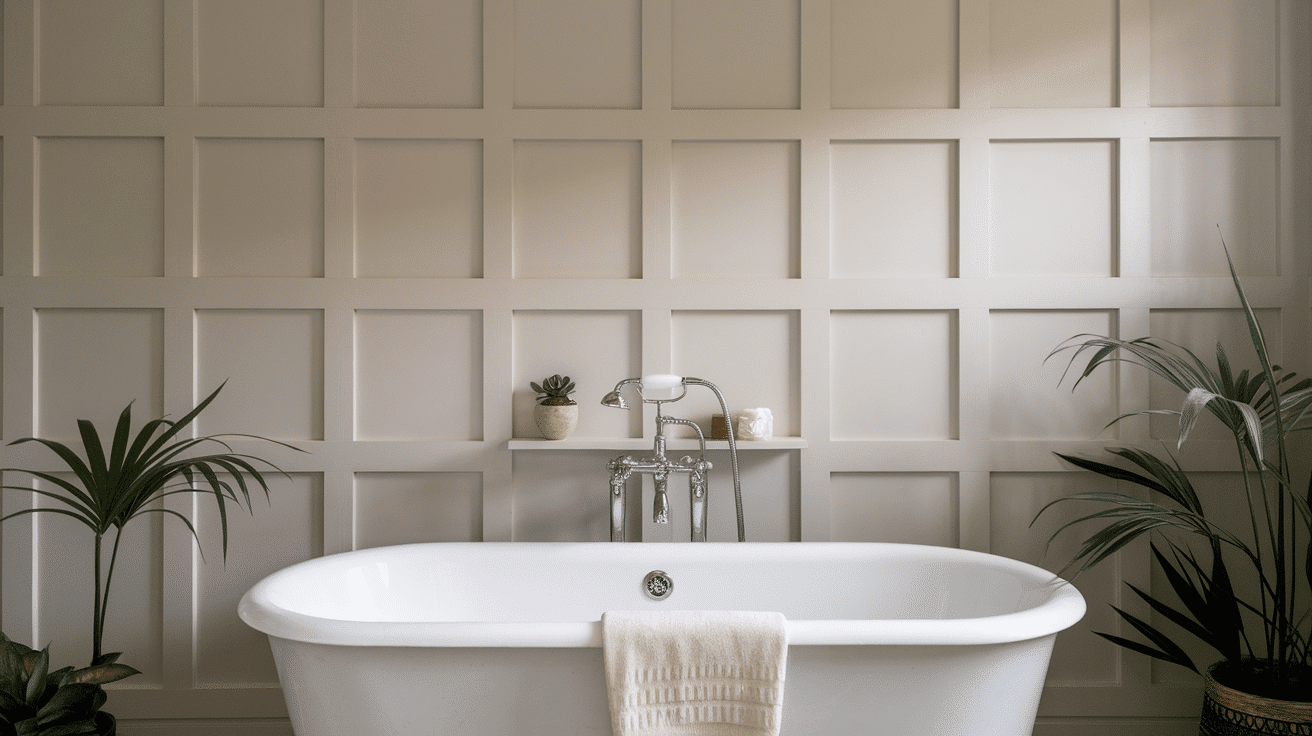 A spacious primary bathroom featuring a dark accent wall with floor-to-ceiling wainscoting panels behind a wooden double vanity.