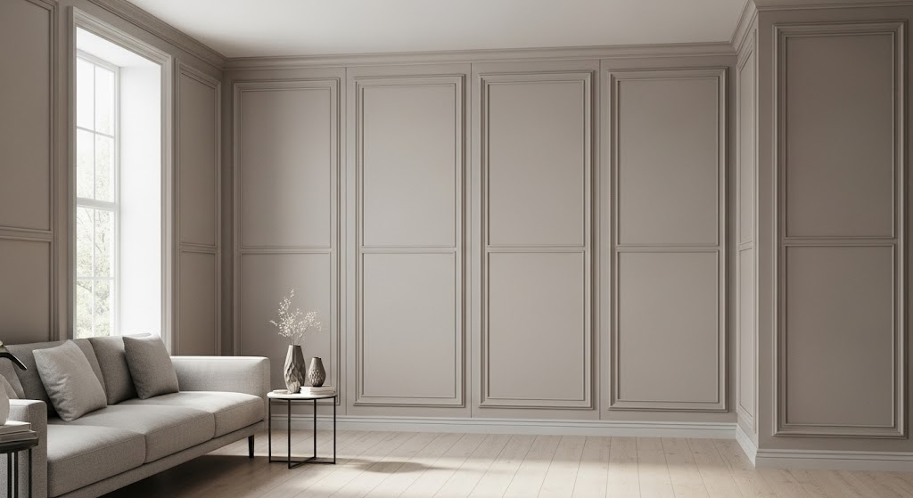 An image of light gray floor-to-ceiling rectangular wall panels, with a matching gray sofa placed against the accent wall.