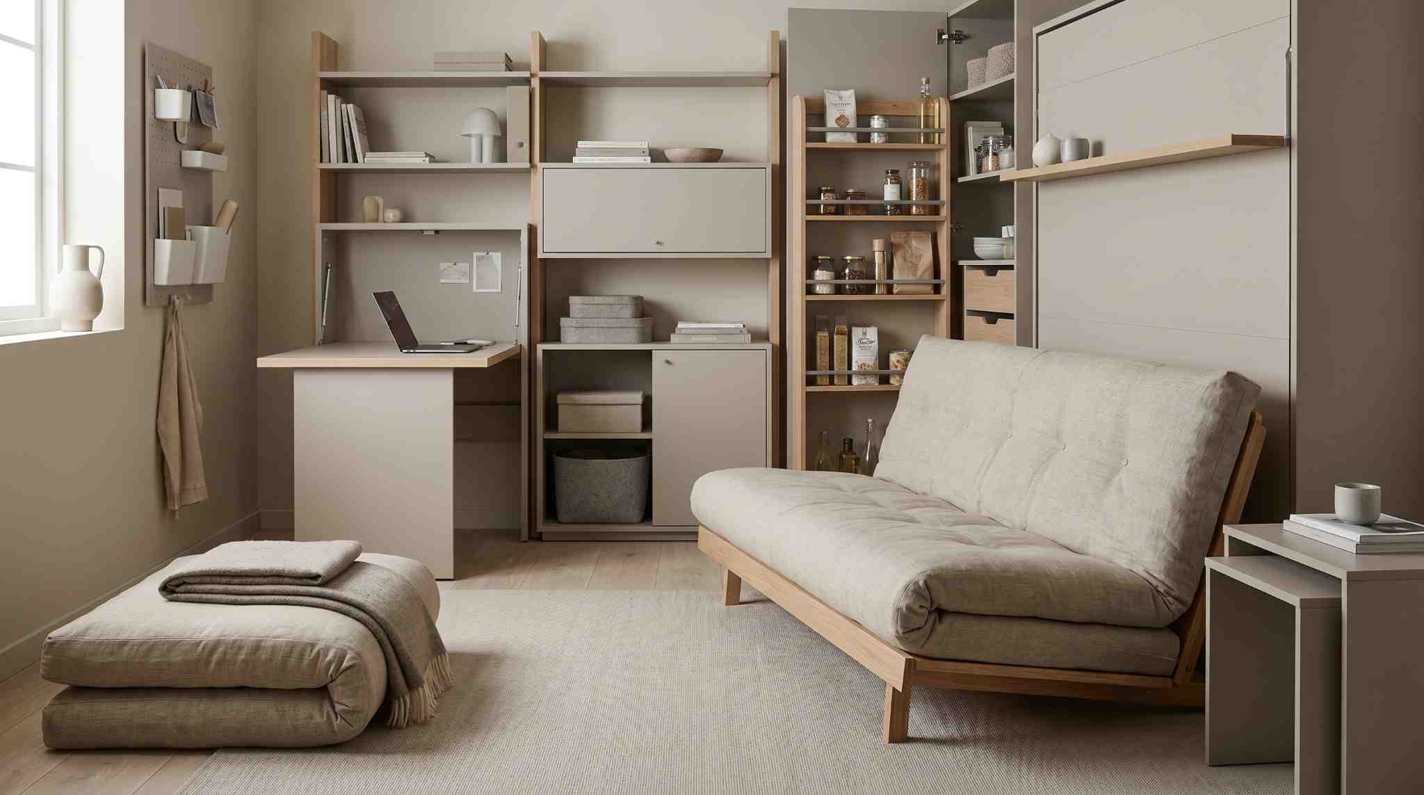 Futon couch in small minimalist apartment with compact functional design.