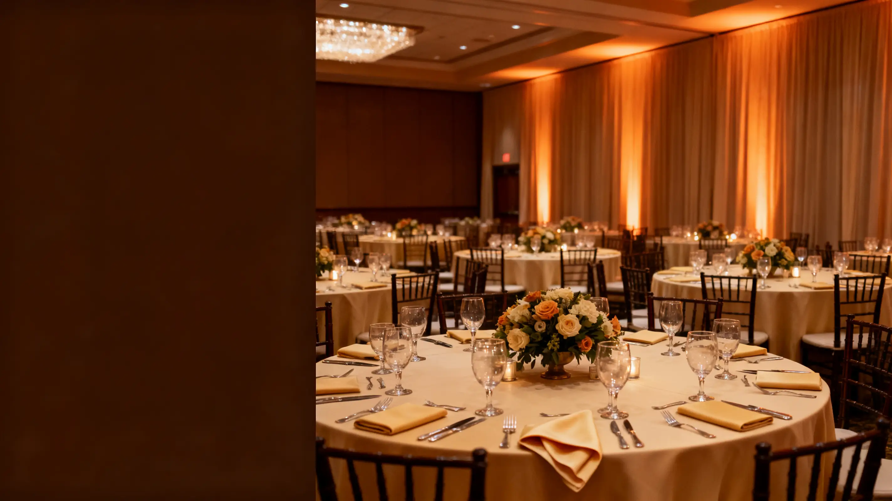 Elegant banquet hall with round tables, floral centerpieces, and warm ambient lighting