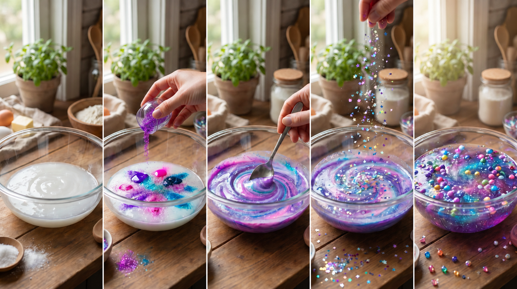 Step-by-step slime making process showing galaxy slime being swirled with colors and glitter in a glass bowl on a kitchen counter