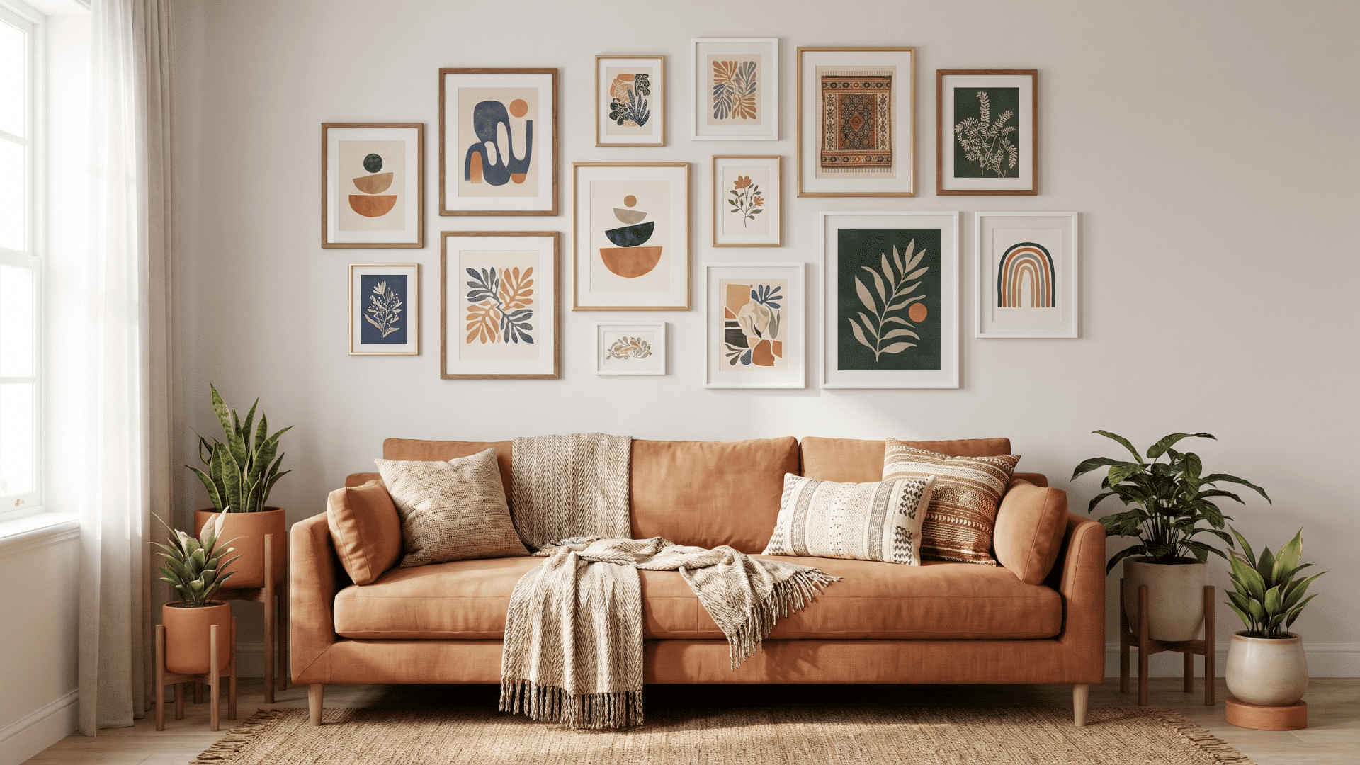 Gallery wall with colorful framed art above a sofa in a boho living room