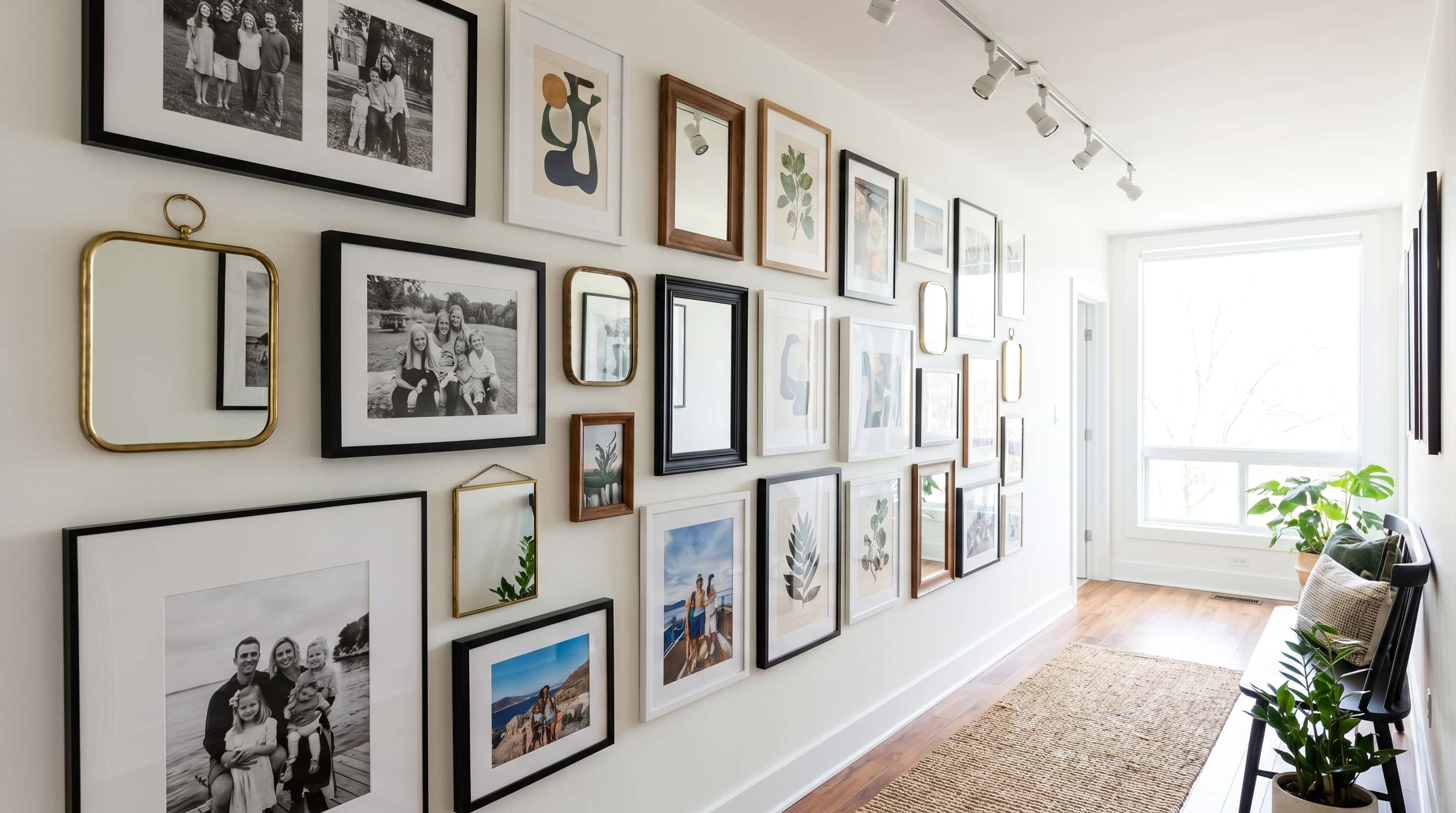 Hallway decor ideas featuring a curated gallery wall with family photos, artwork, mirrors, and bright natural light.