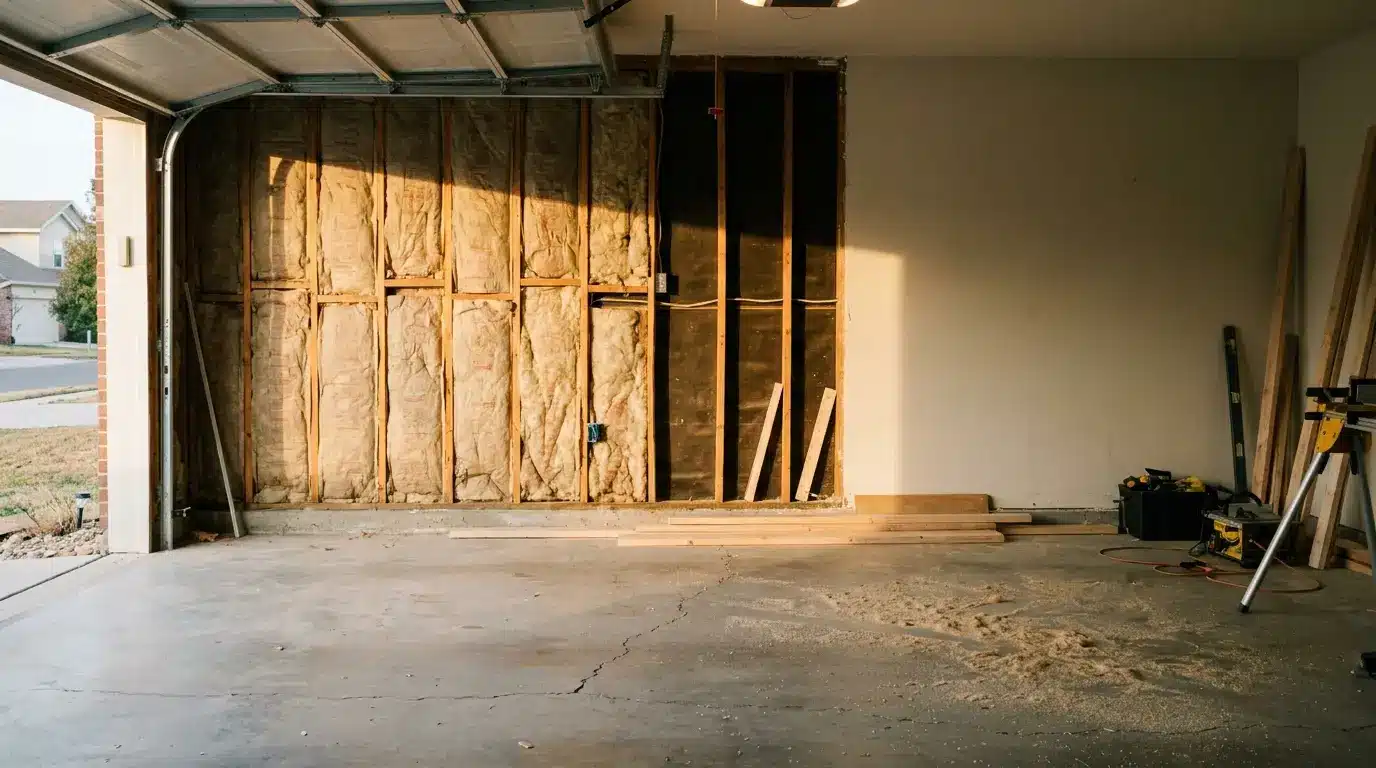 Partially renovated garage with exposed wall insulation and construction tools under soft natural light